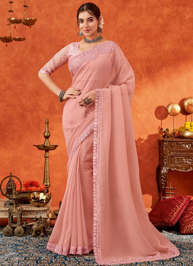 Chiffon Peach Party Wear Embroidery Work Saree